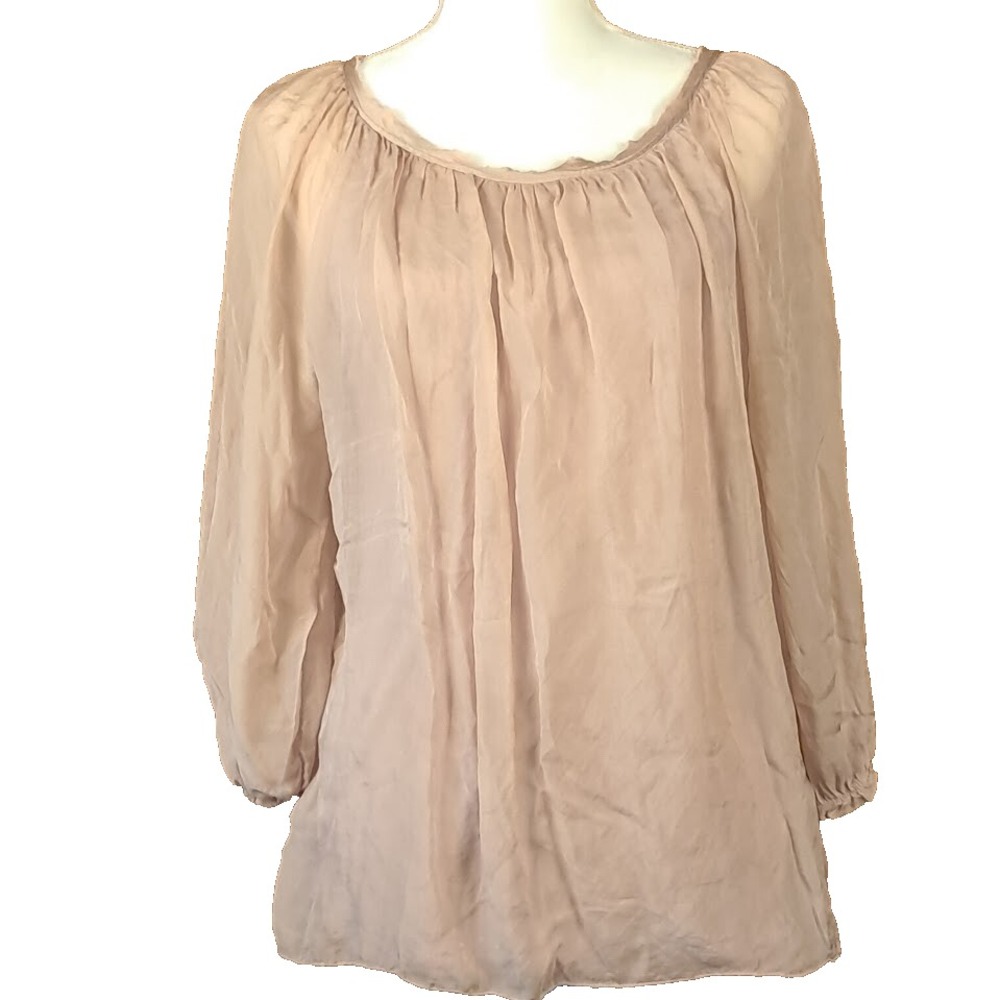 GIULIA Italy Sz M 100% Silk Petal Pink Lined Blouse Smock Raw Edge Neck‎ Boho